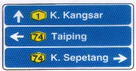 <p><span>Select the&nbsp;</span><strong>CORRECT&nbsp;</strong><span>statement for the signboard below:</span></p><p><span>A. No correct answer</span></p><p><span>B. Turn left to Taiping, distance is 74 km </span></p><p><span>C. Continue straight to Kuala Kangsar, distance is 1 km</span></p>