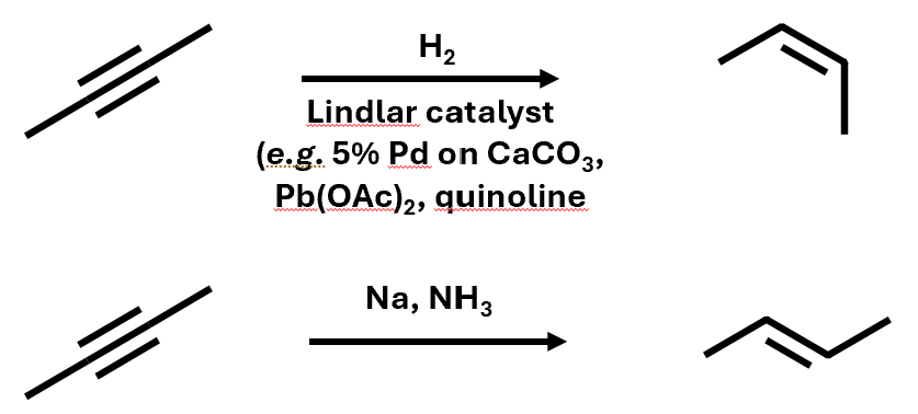 <p>Can get cis or trans product with different reactants</p>