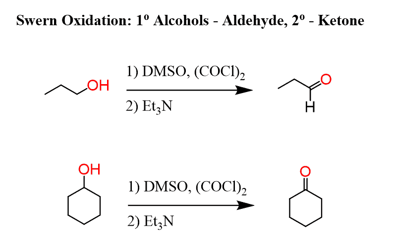 <p>Oxidation of primary alcohols to aldehydes and secondary alcohols to ketones. Using DMSO (dimethyl sulfoxide) and oxalyl chloride to form active oxidant. Et<sub>3</sub>N facilitates elimination to form pi bond. Mechanism is required. </p>