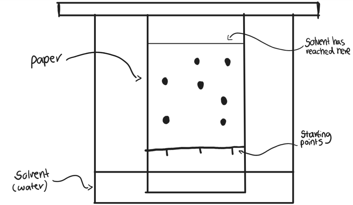 <p><u>  distance moved by spot </u><br>distance moved by solvent</p><p>measurements are made from the starting points of the solvent</p>