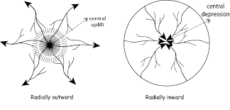 <p>Radial Patterns occur when the streams move in an outward direction from a high central point, they form a radial pattern. It is formed when a stream of water flows in different directions starting from a centre point (usually a dome-like structure or a peak).</p><p>Centripetal patterns are almost identical to a radial drainage system. The only difference is that in radial drainage water flows out while in centripetal drainage water flows to a centre point, into a depression or basin in the land.</p>
