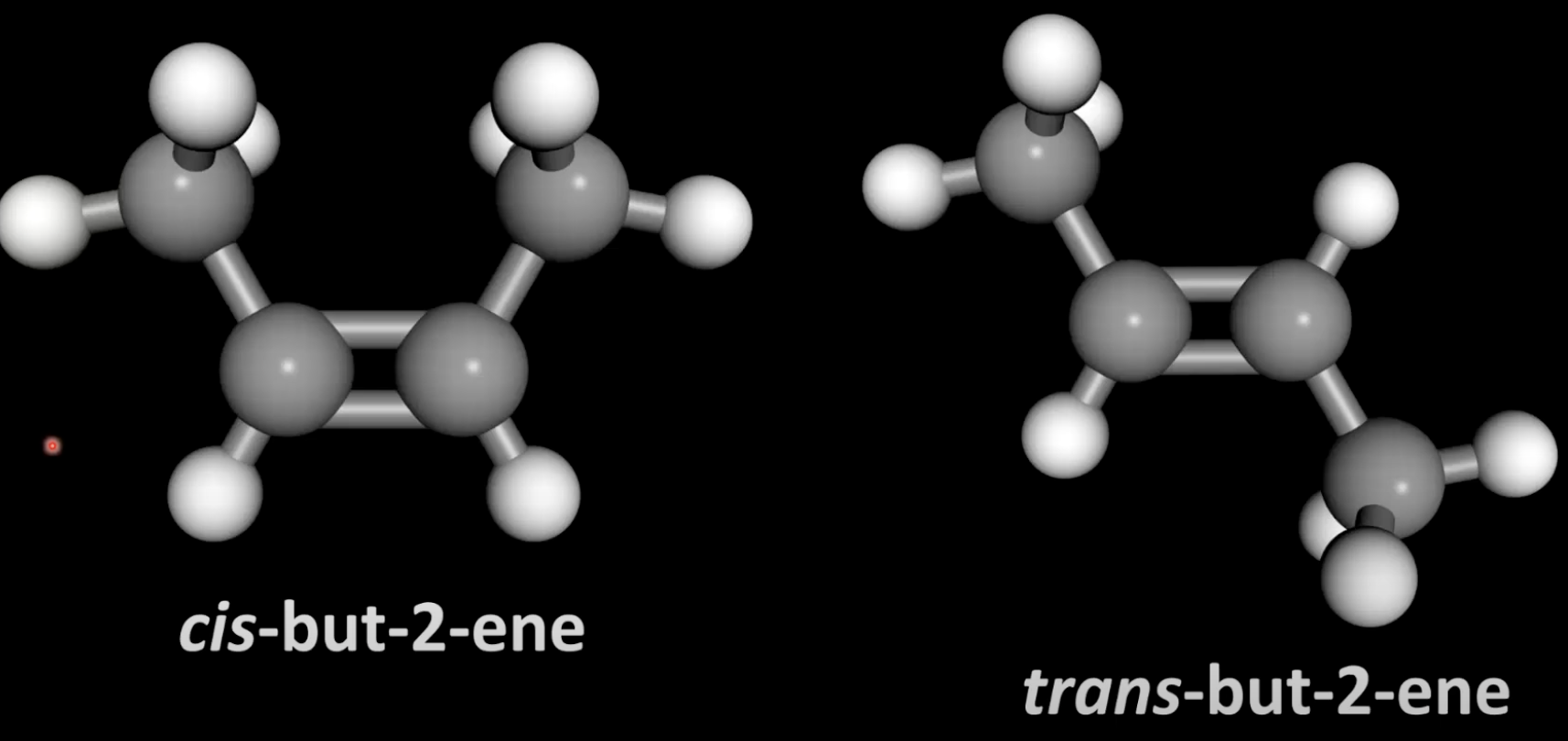 <p>Cis shows CH₃ groups on same side in 3D; trans shows CH₃ groups on opposite sides</p><p>Affects polarity and boiling point.</p>