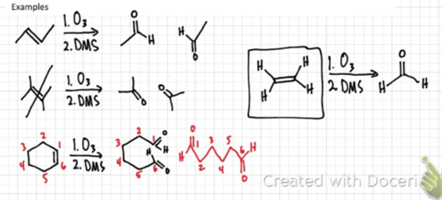 <p>REAGENTS: Ozone, DMS</p><p>-oxidative cleavage</p><p>-ketones and aldehydes produced</p>