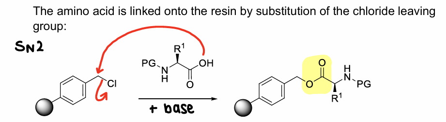 <p>Substitution of the chloride leaving group of the resin in an SN2 reaction.</p>