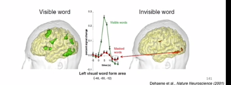 <p>controle, vind hij beter</p><p>stimuli maskeren of niet maskeren en kijken wat er gebeurd</p><p></p><p>con 1 mask maks niks woord, niks mask mask</p><p>con 2 mask maks mask woord mask mask mask</p><p>con 3 controle mask maks mask niks mask mask mask</p><p></p><p>con 2 kun je woord niet zien, vergelijk met con 3</p><p></p><p><strong>in brein&nbsp;</strong></p><p><strong>bewustzijn</strong></p><p>con 1 - controle  = visible world </p><p>act cruciaal VWFA visual word form area, &gt; ook parietale gebeiden, en meer frontaal</p><p></p><p><strong>geen bewustzijn</strong></p><p>con 2 - controle = invisibale word, niet frontaal parietaal</p><p>act alleen VWFA,  belangrijk!! activatie in gebieden die belangrijk zijn in het verwerken van woorden </p><p>maar VWFA veer minder activatie</p><p></p>