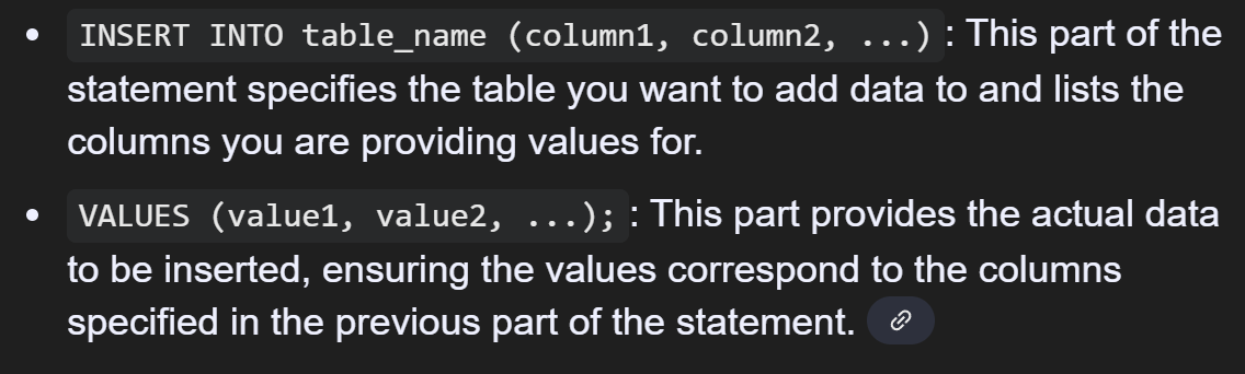 <p><span>a core command used to add new rows of data (also called records) to a table within a database</span></p>