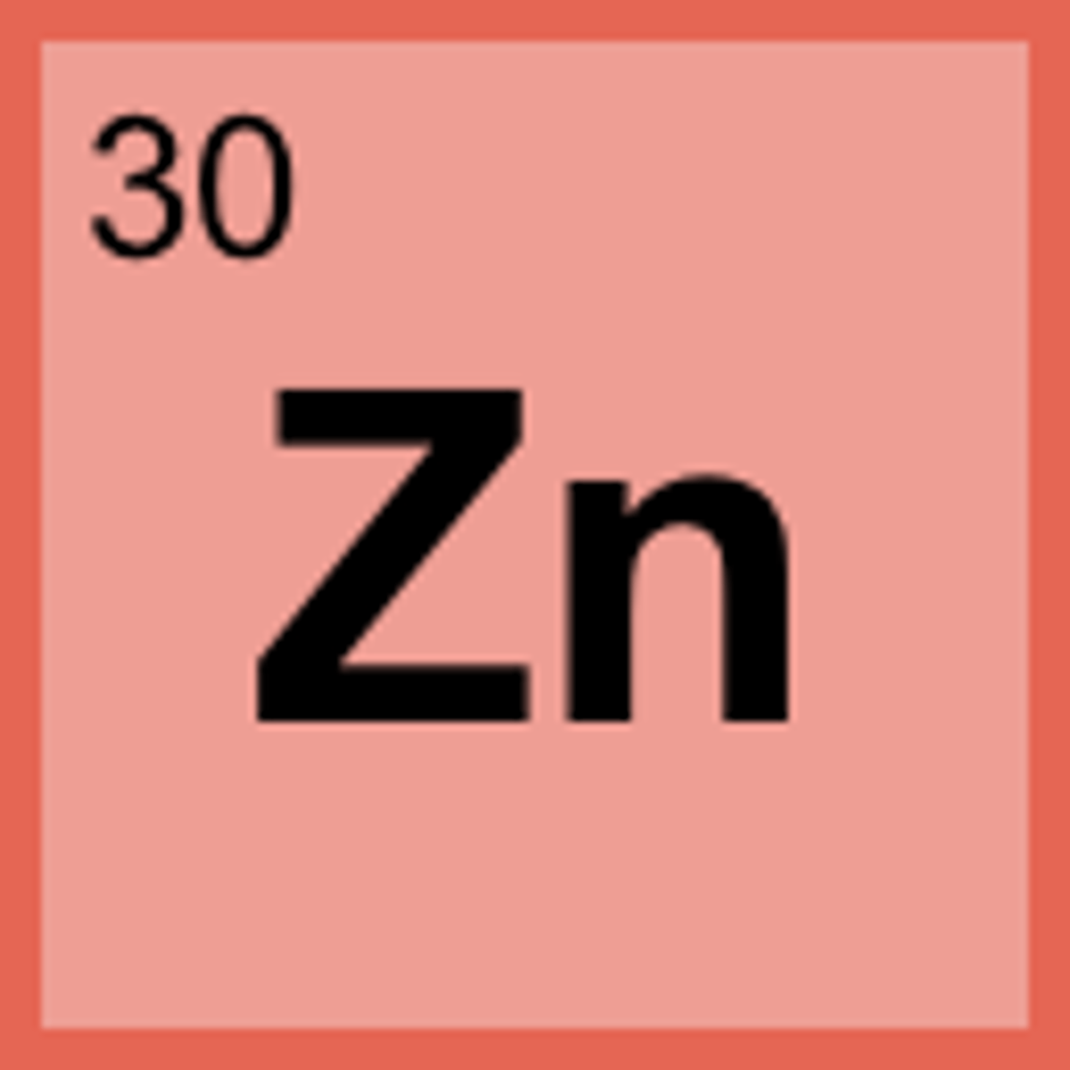 <p>Symbol: Zn<br>Atomic Mass: 65.39<br>Atomic Number: 30</p>