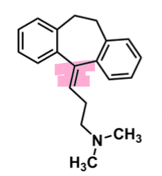 <ul><li><p>pharmacophore: dibenzo<strong>cycloheptene</strong> </p><ul><li><p>no nitrogen - all carbons in center ring </p></li><li><p>same pharmacological activity </p></li></ul></li><li><p>light sensitive due to double bond </p></li><li><p>tertiary amine&nbsp;</p><ul><li><p>can be converted to secondary amine → nortriptyline&nbsp;</p></li></ul></li></ul><p></p>