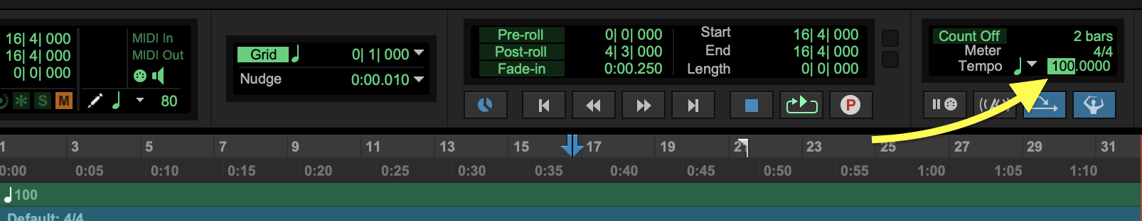 <p>Make sure you have MIDI Controls showing at the top of the Edit window. Click on the tempo number and use T to tap the desired tempo.</p>