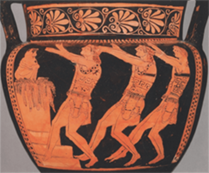 <p>- the 'mannerist' style of this vase depicts elongated figures with small heads, with decoration typical of earlier black-figure vases</p><p>- young men have similar details on faces, indicating that they are wearing masks</p><p>- fact they are barefoot and letters are inscribed next to their mouths suggesting singing: implies they are a chorus</p><p>- seem to be dancing; identical pose suggests that tragic choruses were carefully choreographed in formation</p><p>- identical tops which resemble soldiers' breastplates means they could be carrying out the pyrrichē - an energetic war-dance</p><p>- the object they are approaching could be a reprisentation of the thymele - the altar in the orchestra</p><p>- also been suggested that they are approaching a tomb</p><p>- some have suggested that the figure on top of the altar is Dionysus</p><p>- because the image is static it provides no evidence of how choral dances moved, or evolved</p><p>- it is most useful in providing information on choral formation , costume and choreography</p>