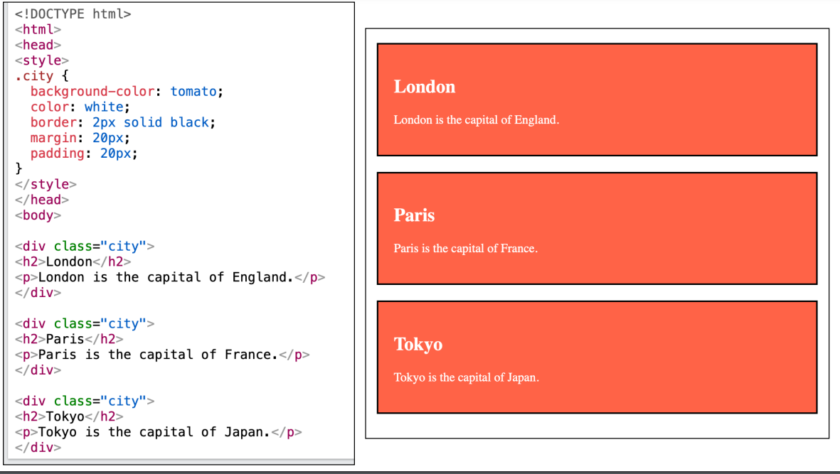 <p>The HTML class attribute is used to specify a class for an HTML element. • Multiple HTML elements can share the same class. • The class attribute is often used to point to a class name in a style sheet. It can also be used by a JavaScript to access and manipulate elements with the specific class name. • The class attribute can be used on any HTML element. • In the following example we have three </p><p>elements with a class attribute with the value of "city". All of the three</p><p> elements will be styled equally according to the .city style definition in the head section:</p>