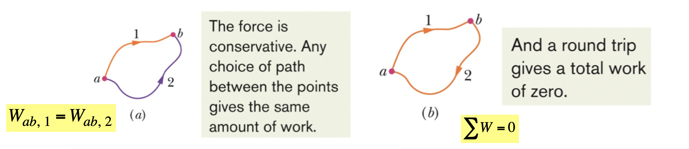 <p><strong><span>When only conservative forces act on an object, one can greatly simplify otherwise difficult problems involving motion of the object</span></strong></p><p><strong><span>The net work done by a conservative force on an object moving around any closed path is zero (b)</span></strong></p><p><strong><span>As a result of this, the work done by a conservative force on an object moving between two points does not depend on the path taken by the object (a)</span></strong></p>