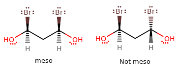 <p>meso compounds</p><ul><li><p>will be optically inactive because the two sides of the molecule cancel each other out  </p></li></ul><img src="https://knowt-user-attachments.s3.amazonaws.com/a8cdad4b-35f8-4cd7-b4a9-64c9522788a0.png" data-width="100%" data-align="center"><img src="https://knowt-user-attachments.s3.amazonaws.com/e8bf751d-e44f-4c55-965b-ac3437dd6551.png" data-width="100%" data-align="center"><p></p>