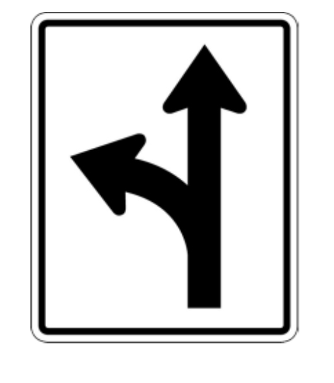 <p>This sign means:</p><p>a) You can go straight ahead</p><p>b) You are approaching a divided highway</p><p>c) You can turn left or go straight ahead</p>