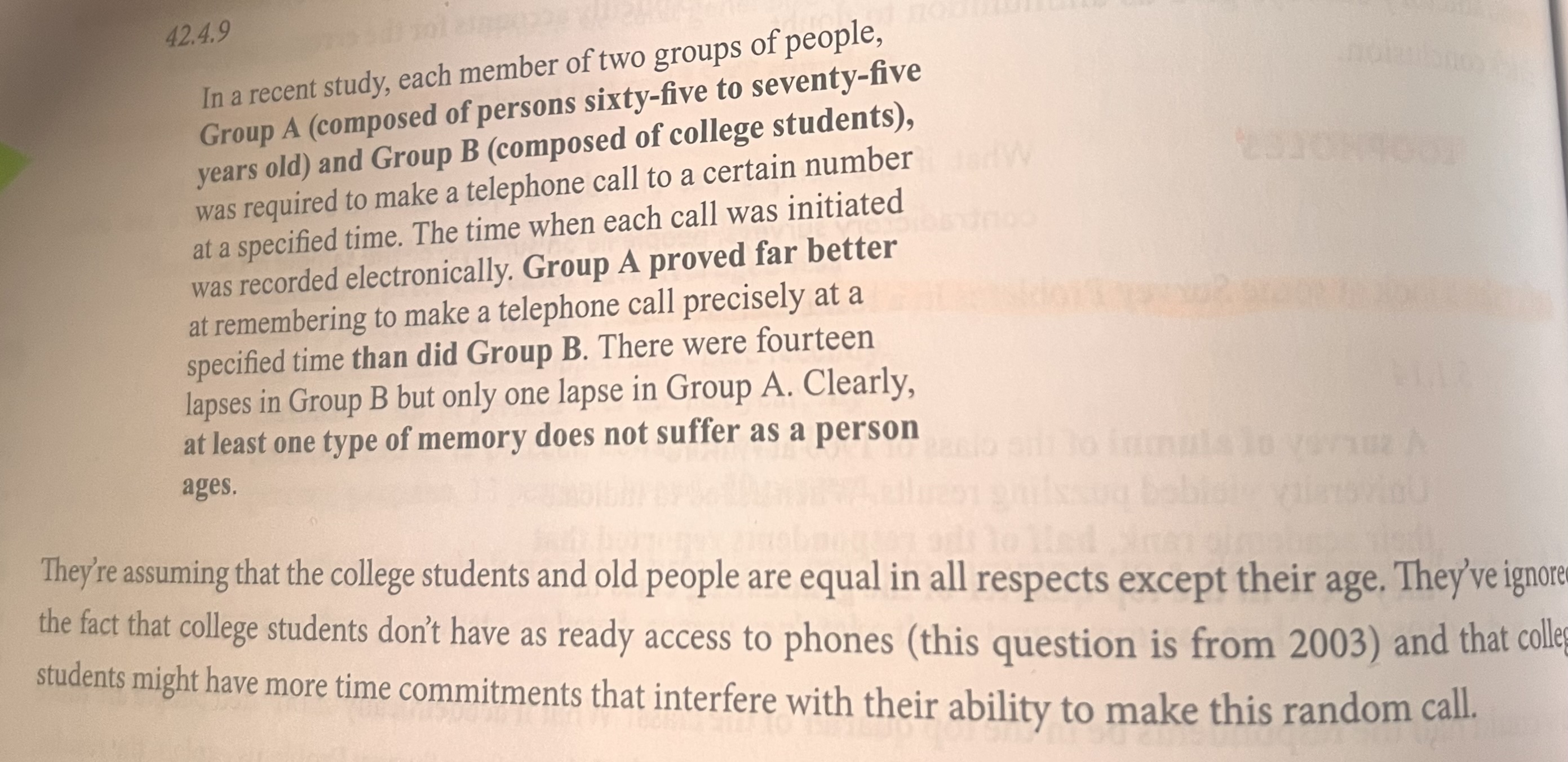 <p>Researchers always assume that the two groups are same in all aspects except the ones called out as part of the study. </p><p>Loophole- What if the two groups were different in a key respect?</p><ol><li><p>Theres a study with two groups </p></li><li><p>Crazy researcher assumes the two groups are the same in all aspects except those pointed out as part of the study.</p></li><li><p> Researcher concludes that the differences in the study results are due to the one key difference the study is focusing on. </p></li></ol><p></p>