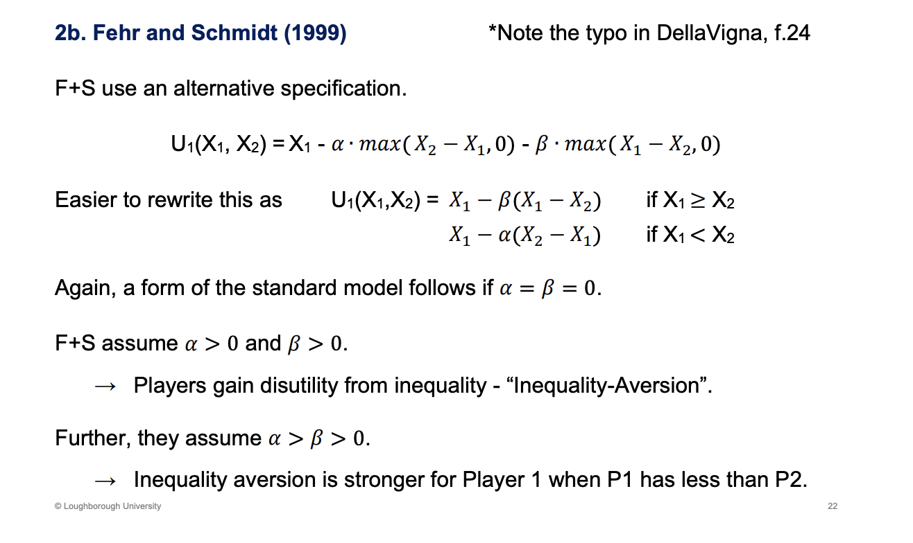 <p>Similar to the model above.</p><p>&nbsp;</p><p>Max operator is the first equation, this simply selects out of the brackets, which one of them is bigger and then it chooses that one</p><p>&nbsp;</p><p>Get some negative utility from the difference in incomes, inequality. Preference to fairness of same incomes</p>