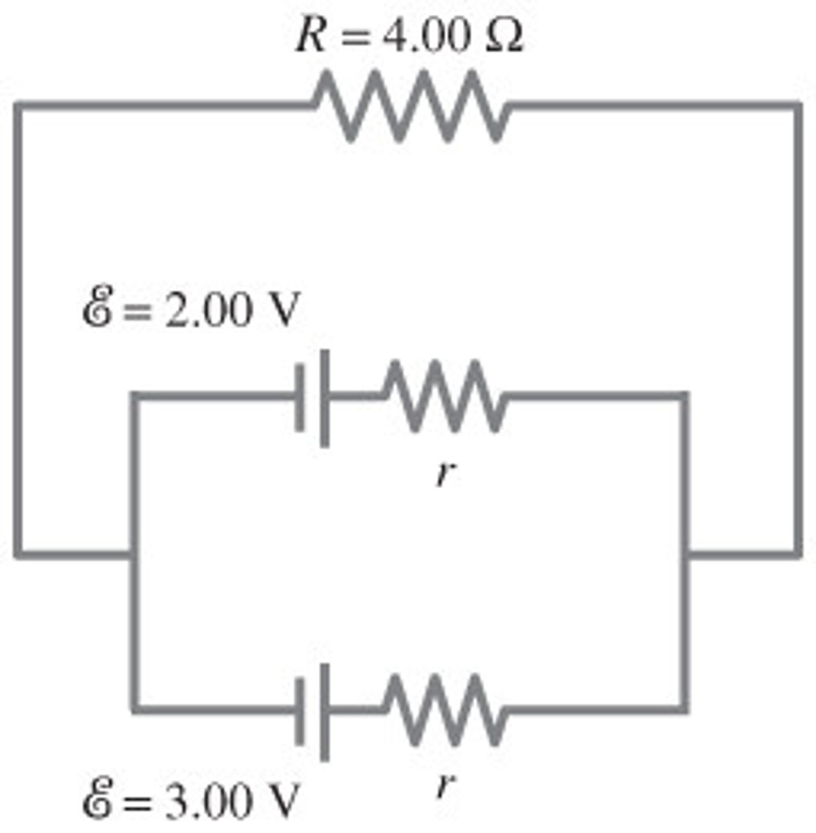 <p>Loop Rules (inner loop and outer loop).<br><br>2V - I_2r - (I_1 + I_2)R = 0<br>3V - I_3r - (I_1 + I_2)R = 0<br><br>Solve for currents. V = IR</p>