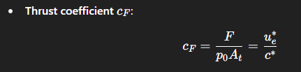 <p>The thrust coefficient <span>CF​</span> measures <strong>nozzle performance</strong>.</p><p>It tells us how effectively chamber pressure is converted into thrust.<br><span>c∗</span> makes pressure.<br><span>CF​</span> makes thrust</p>