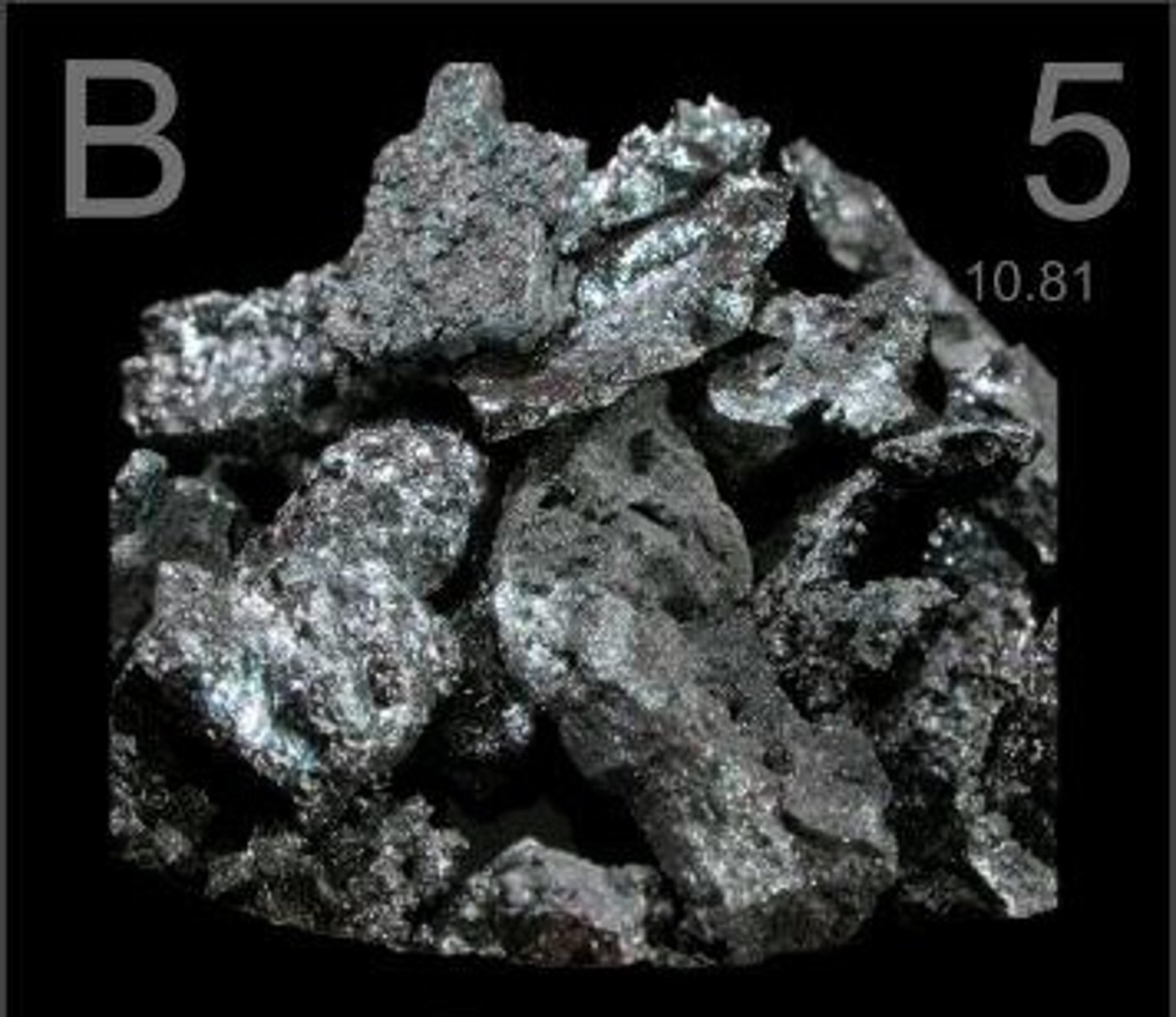 <p>Symbol: B</p><p>Atomic Mass: 10.81</p><p>Atomic Number: 5</p>