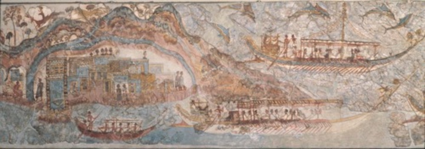<p>Who:</p><p>The artist is unknown, but it's attributed to the Minoan civilization12.</p><p>What:</p><p>This is a fresco that was found in room five of the West House of Akrotiri12. It depicts a ship procession between two Minoan coastal cities13.</p><p>Where:</p><p>The fresco is currently housed in the Archaeological Museum of Thera4.</p><p>Original Findspot:</p><p>The fresco was found in the West House at Akrotiri, on the island of Thera (now Santorini)12.</p><p>When:</p><p>The fresco dates to approximately 1500 BC2.</p><p>Why it's interesting and important:</p><p>The "Miniature Fresco" from the West House at Akrotiri provides valuable insights into the Minoan civilization, particularly their maritime activities and trade relations, in several ways:</p><p>Maritime Trade: The Minoans were primarily a mercantile people engaged in overseas trade1. The fresco depicts a ship procession between two Minoan coastal cities23, which suggests that the Minoans had a strong maritime presence and were involved in extensive trade networks4.</p><p>Shipbuilding: The fresco also provides evidence of the Minoans' sophisticated shipbuilding techniques5. The Minoans maintained a massive and impressive fleet of ships, which facilitated their trade and exchange4.</p><p>Trade Relations: The depiction of the ship procession suggests that the Minoans had regular sea contacts with other regions. Artifacts of Egyptian provenance found in Crete and other Minoan centers, as well as finds from Greece mainland and its islands buried in Egypt, attest to the intense sea trade between the people of the Aegean and Egypt5.</p><p>Economic Power: The Minoan economy was based on the maritime trade of agricultural products like wine, olives, and figs in exchange for minerals and other resources like copper and ivory4. The fresco, showing a ship procession, is a testament to this economic power.</p><p>Cultural Influence: Evidence of Minoan products and cultural influences have been found across the Mediterranean, indicating that through trade and exchange, the Minoans managed to spread their cultural ideas4.</p>