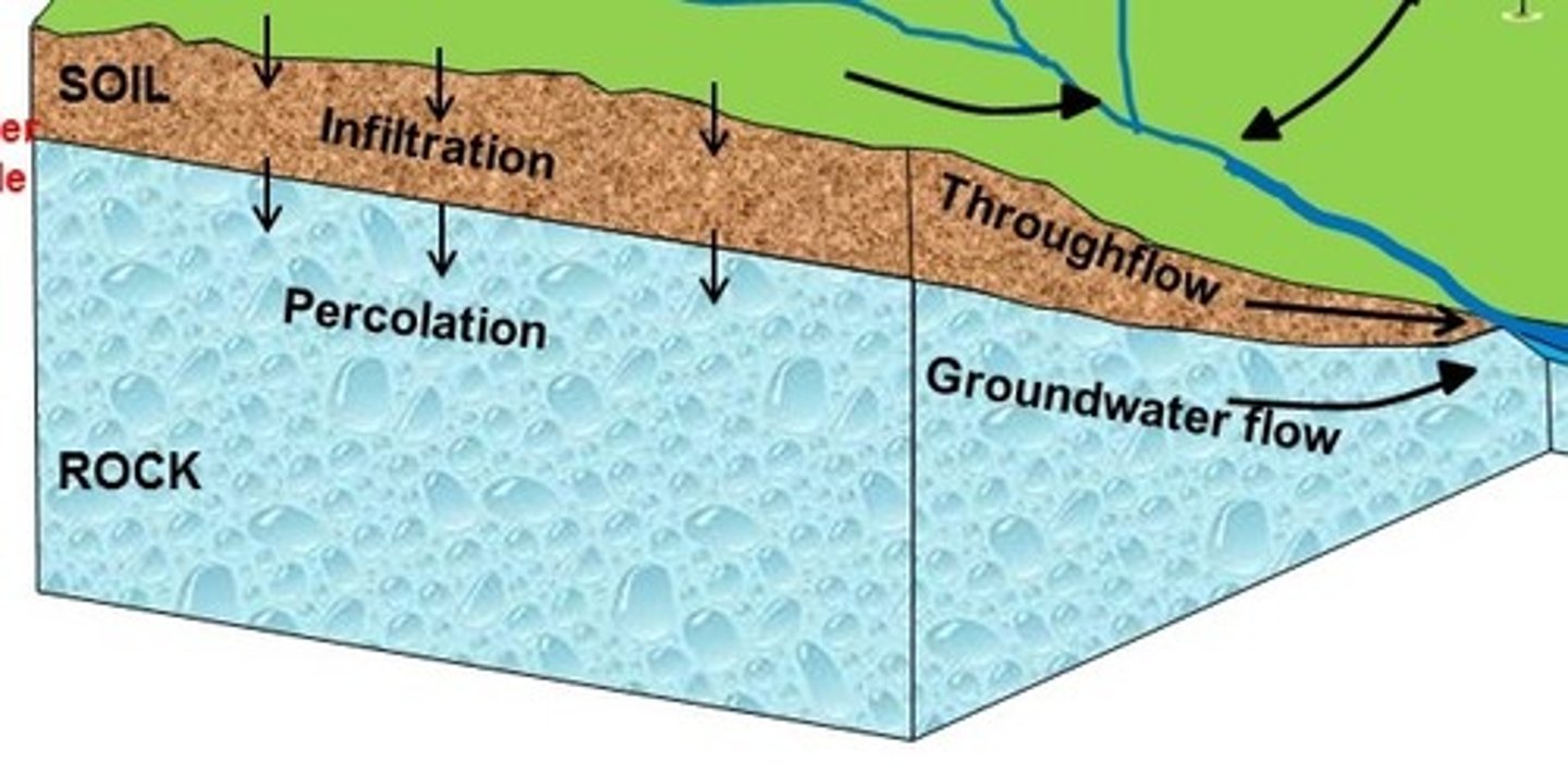 <p>INPUT <br><br>once in the soil, water may be either stored as soil water or pass through as throughflow, dependent on the depth and texture of the soil <br><br>water passes through the soil until it reaches the water table or the underlying bedrock <br>... if bedrock is impermeable, no further movement downward occurs <br>... if bedrock is permeable, water will seep through pores in rocks (can take 1000's of years or happen quickly)</p>