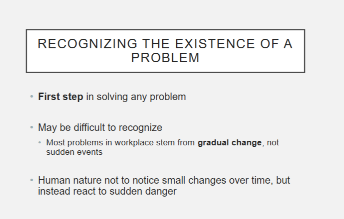 <ol><li><p>recognizing the existence of a problem </p></li><li><p>clearly defining the problem</p></li></ol><p></p>