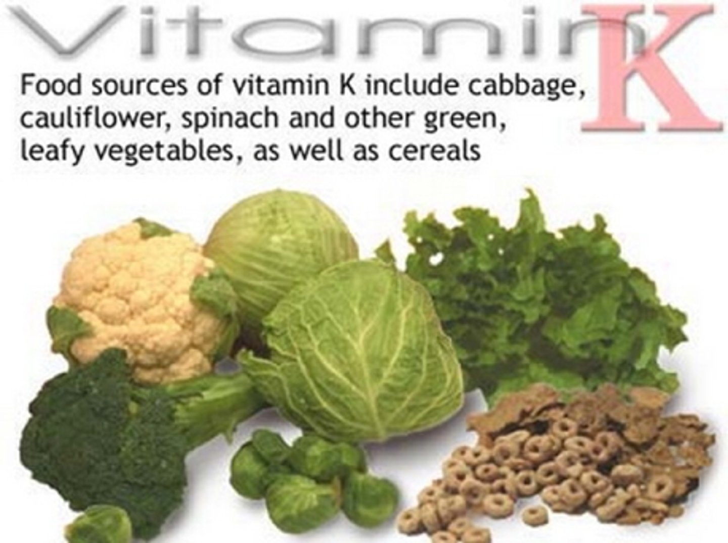 <p>cabbage, cauliflower, spinach, other green leafy veggies, and cereal (think vitamin Kale)</p>