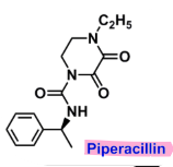 <ul><li><p>semi-synthetic penicillin</p></li><li><p>not stable in the acidic pH of the stomach</p></li><li><p><u>pharmacophore:</u> <strong> piperazine</strong></p><ul><li><p>superior activity to pseudomonas versus ticarcillin </p></li></ul></li><li><p>sensitive to hydrolysis by B-lactamases</p></li></ul>