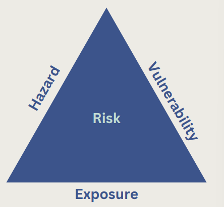 <ul><li><p>D. Crichton, 1999</p></li><li><p>if any of these sides increases, then the amount of risk also increased</p></li></ul><p></p>