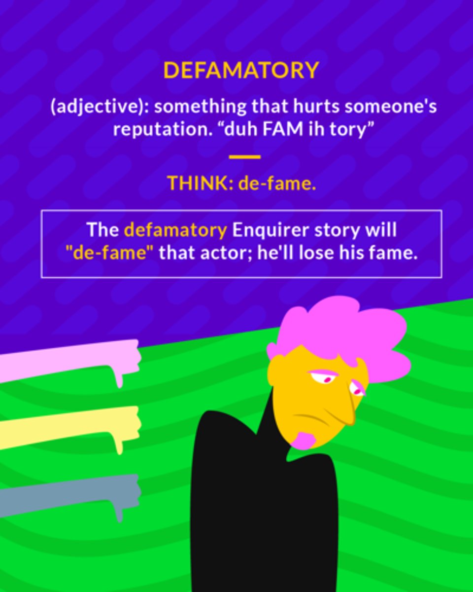 <p>harmful toward another's reputation</p><p>(adj.) something that someone’s reputation</p>