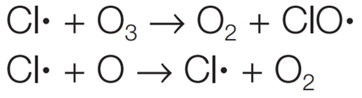 <p>Cl<b> + O3 -&gt; ClO</b> + O2<br><br>ClO<b> + O -&gt; Cl</b> + O2 <br><br>Overall<br><br>O3 + O -&gt; 2O2</p>