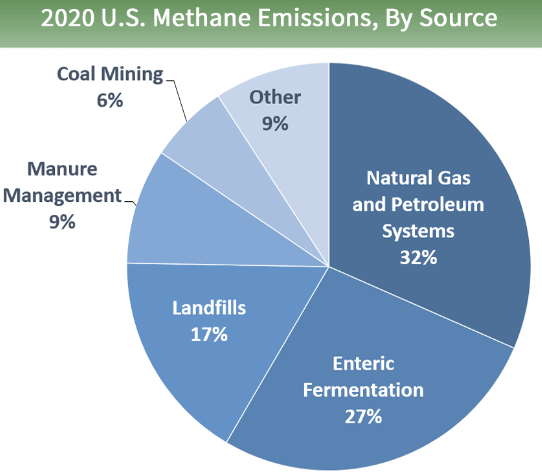 <ul><li><p>32% natural gas and petroleum systems</p></li><li><p>27% enteric fermentation</p></li><li><p>17% landfills </p></li><li><p>9% manure management </p></li><li><p>6% coal mining</p></li><li><p>9% other</p></li></ul>