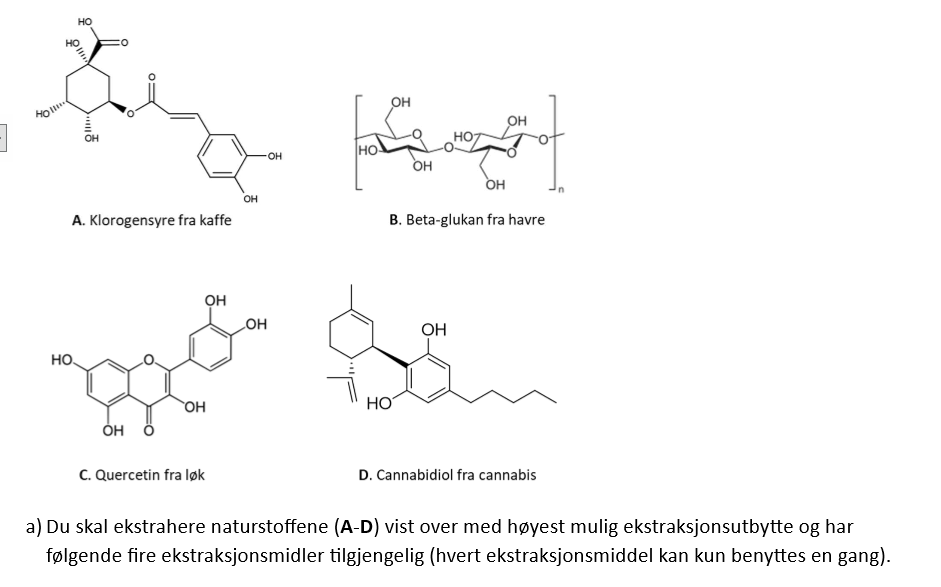 <p><span><span>Hva vil du bruke av kokende vann, CO2, 10% metanol og 80%etanol til de ulike?</span></span></p>