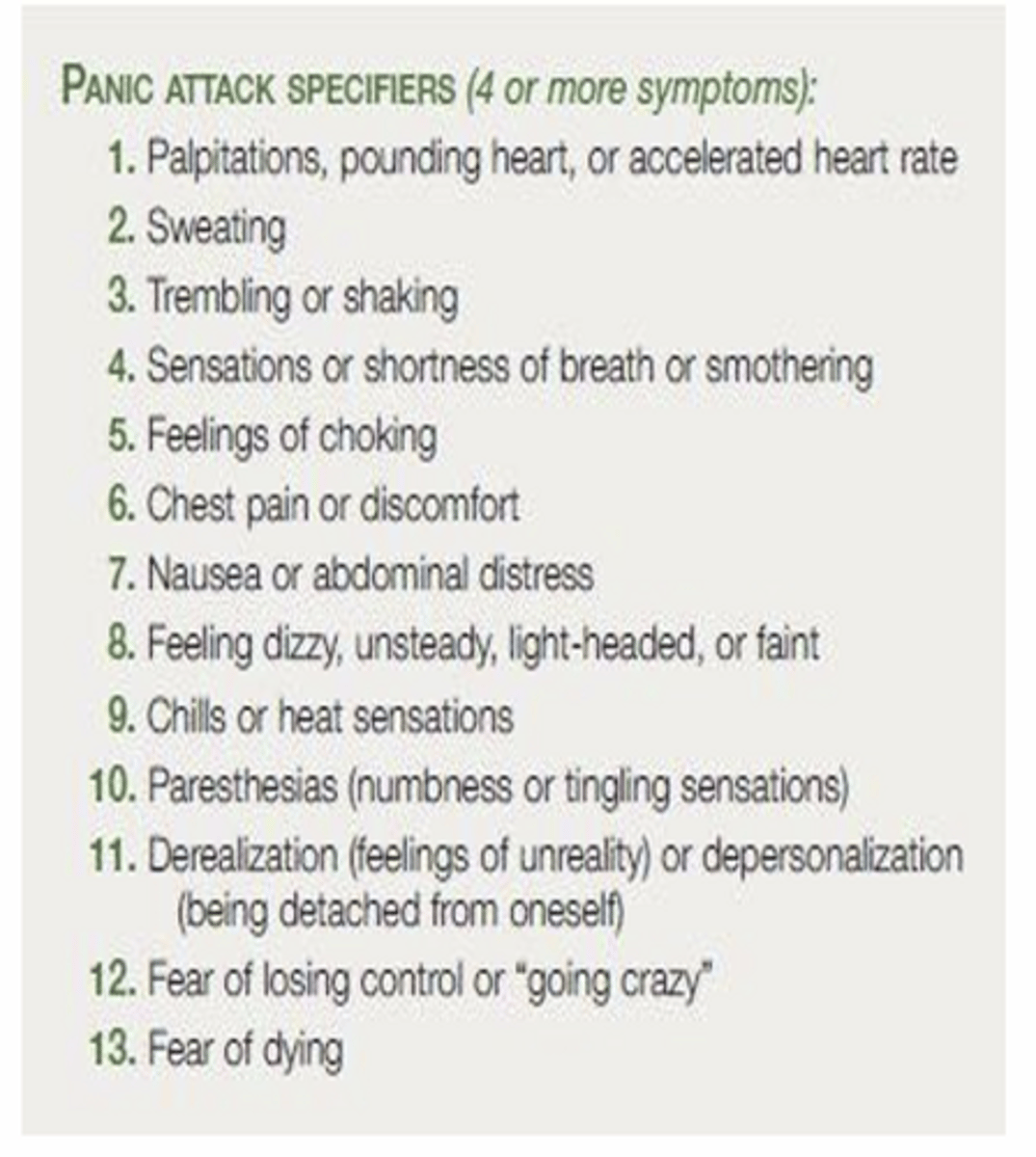 <p>- series of unexpected panic attacks</p><p>- followed by 1 mo persistent concern about having another attack</p><p>AND clinical presentation sx</p>