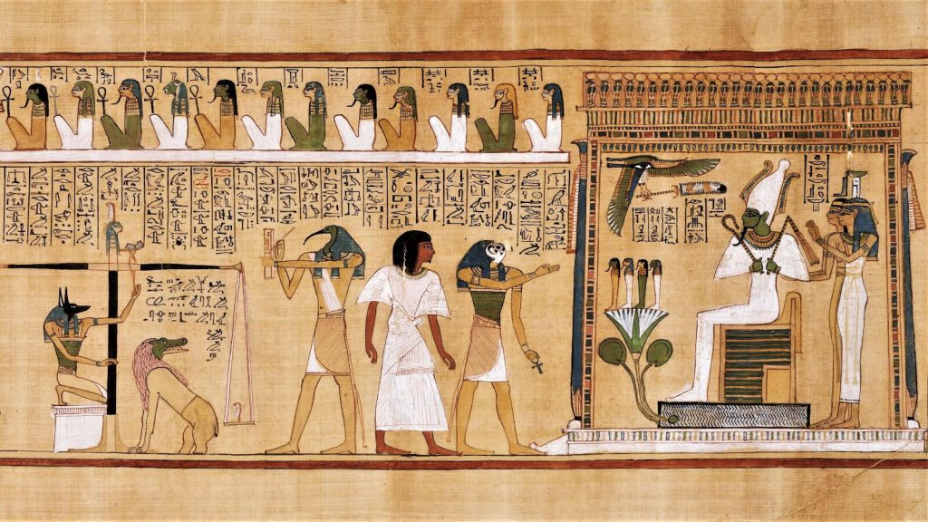 <ol><li><p>Continous narrative on various registers</p></li><li><p>Part of the book of dead telling egyptians how to get to the afterlife</p><ol><li><p>Aubis leads the deceased to weight soul against a feather</p></li><li><p>Ammit will eat heart if weighs more</p></li><li><p>Thoth writes down all the events</p></li><li><p>Osiris will do a day of judgement</p></li></ol></li><li><p>Painted on papyrus scroll</p></li><li><p>1275 B.C.E.</p></li></ol><p></p>