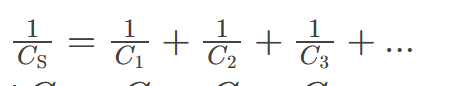 <p>is the equivalent capacitance of capacitors connected in series, calculated using the formula 1/C<em>total = 1/C</em>1 + 1/C<em>2 + … + 1/C</em>n, where C represents the capacitance of each individual capacitor. </p>
