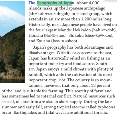 <p>it’s defined by its archipelago status, with over 3,000 islands stretching along the Pacific coast of Asia, the four main islands being Hokkaido, Honshu, Shikoku, and Kyushu. The country is mountainous (about 71% of the land), situated on the Pacific Ring of Fire, which makes it prone to earthquakes and volcanic activity, resulting in frequent hot springs. The climate varies significantly from north to south, with four distinct seasons, while the population is concentrated in small coastal plains and valleys. </p>