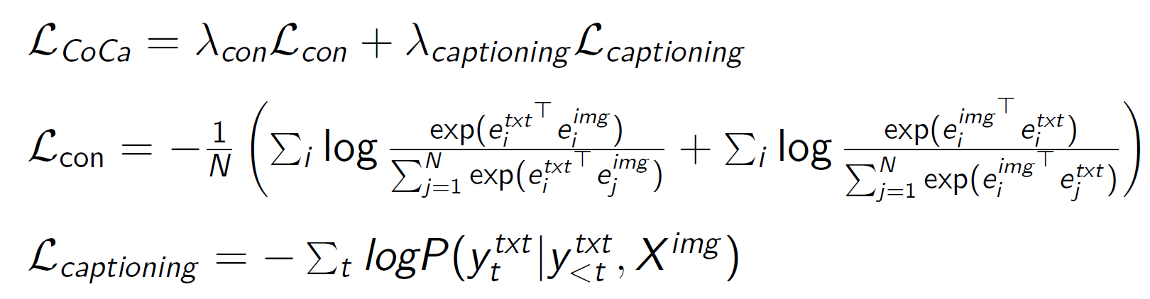 <p>1. Encoder pre-training (supervised classification)</p><p>2. Simultaneous contrastive and reconstruction training</p><ul><li><p>Contrastive training to match pooled image embedding and CLS token from text representation (pair-wise dot-product similarity)</p></li><li><p>Reconstruction training to reconstruct the original caption from the encoded image (autoregressive text prediction, using all image embeddings and all text embeddings generated so far)</p></li></ul><p></p>