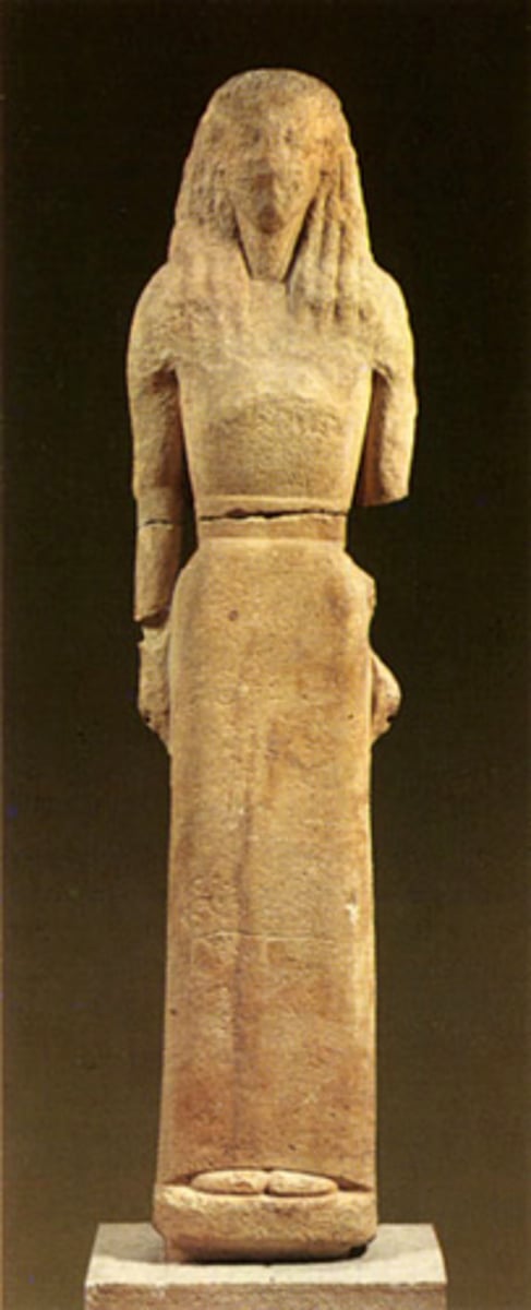 <p>Kore dedicated by Nikandre, from Delos. Inscription: "Nikandre daughter of Deinodikos the Naxian, outstanding amongst women, sister of Deinomenes and now wife of Phraxos, dedicated me to the far-shooting Archeress [=Artemis]"</p><p>Who: The Kore was dedicated by Nikandre, a woman from the island of Naxos12.</p><p>What: The Kore of Nikandre is a Greek marble sculpture, made approximately around 650 BCE2. It is one of the earliest surviving korai, or statues of women2.</p><p>Where: Nikandre, a woman from the island of Naxos, dedicated the statue in the temple of Artemis at Delos, the birthplace of Apollo and Artemis2. The statue is held in the National Archaeological Museum, Athens, Greece2.</p><p>When: The Kore dates back to around 650 BCE2.</p><p>Why it's interesting and important: The Kore of Nikandre is significant for several reasons:</p><p>It displays one of the oldest inscriptions of Ancient Greek in stone2.</p><p>Its representation and its placement within the existing stylistic periods of Greek sculpture have become the subject of extensive scholarship2.</p><p>Though the inscription may imply that the statue was made on the island of Naxos, where Nikandre's family resided (an implication corroborated by the type of stone used to make the statue), it is unclear who the sculptor was or where he lived2.</p><p>From this inscription, we know the name and gender of the dedicant, Nikandre, as well as some vague hint of her intention (to please the goddess). In addition to defining herself by her relationship to her father (Deinodikos), husband (Phraxos), and brother (Deinomenes), she refers to herself as "distinguished among women", claiming some amount of glory and emphasizing her reputation in her community2.</p>