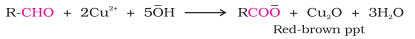<ul><li><p>Fehling’s Solution A - <strong>aqueous copper sulphate solution</strong></p></li><li><p>Fehling’s Solution B - <strong>alkaline sodium potassium tartarate (Rochelle’s salt) </strong></p></li><li><p>These solutions are mixed in equal proportion before test</p></li><li><p>When aldehyde is heated with Fehling’s reagent, <strong>reddish brown precipitate </strong>is formed. Aldehyde oxidizes to corresponding carboxylate anion</p></li><li><p><strong>Aromatic aldehydes do not reduce </strong>Fehling’s solution</p></li></ul>