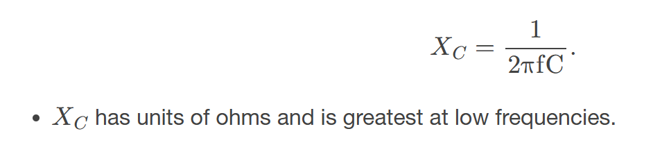 <p><span><span>the opposition of a capacitor to a change in current; calculated by </span></span>𝑋𝐶=12π⁢fC</p>