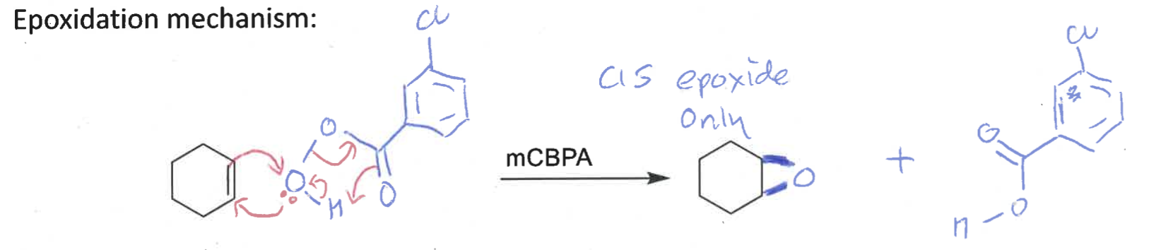 <p>cis epoxide formed (bonds on same face)</p>