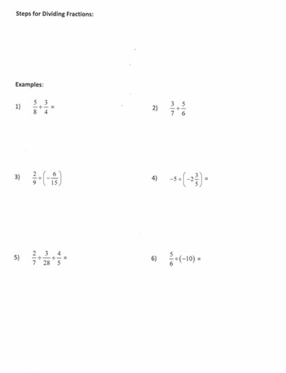 <p>1. Invert the divisor (the second fraction). 2. Multiply the fractions. 3. Simplify if necessary.</p>