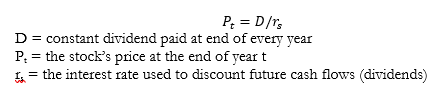 <p>The present value of a stock (Pt) assuming zero growth in dividends can be written as:</p>