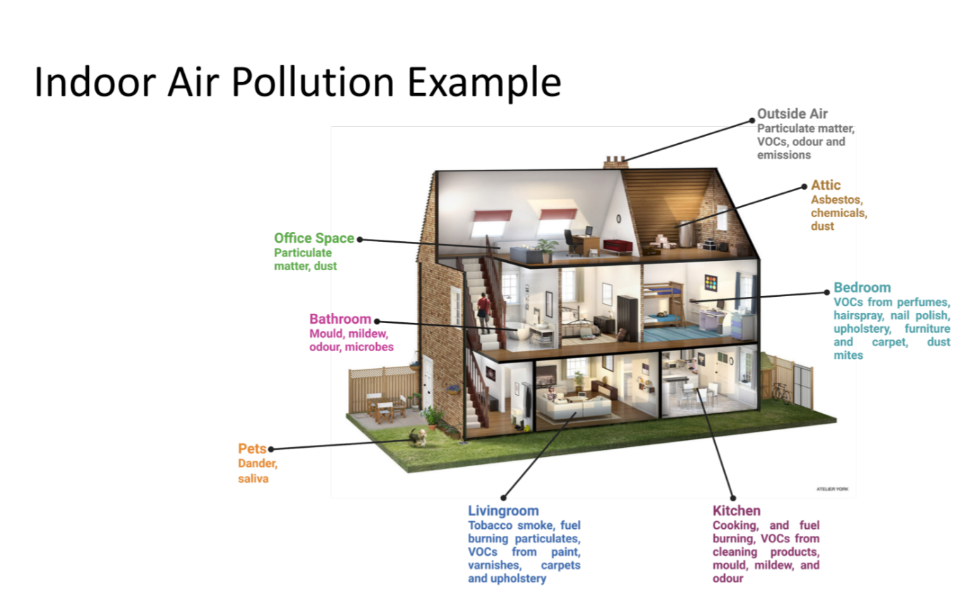 <p>People spend ~87% of time indoors, where hidden sources like VOCs (cleaning products, sprays), mould, combustion, and poor ventilation build up — posing long-term health risks.</p><p class=""><span data-name="brain" data-type="emoji">🧠</span> <em>Examples:</em> Kitchen (fuel, VOCs), bathroom (mould), bedroom (perfumes, dust mites), living room (paint, tobacco), pets (dander), attic (asbestos).</p>