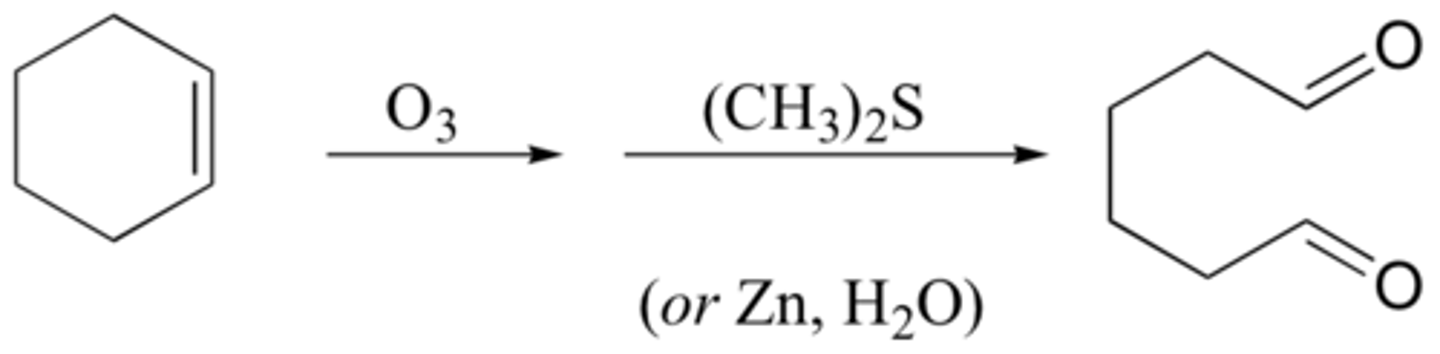 <p>cleaves alkene =</p><p>1º -> aldehyde</p><p>2º -> ketone</p><p>Reducing cond.</p>