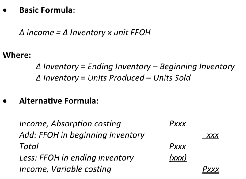 <p>∆ Inventory x unit FFOH or Income, Absorption costing + FFOH Beginning inventory - FFOH ending inventory</p>