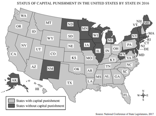 <p><strong>Status of Capital Punishment in the United States by State in 2016</strong></p><img src="https://assets.learnosity.com/organisations/578/VR027586.g05.svg" data-width="100%" data-align="center" alt="The figure is titled “Status of Capital Punishment in the United States by State in 2016” and shows a map of the United States. A key indicates that states with capital punishment and states without capital punishment are represented in the map. The following are indicated as states without capital punishment: Maine, Vermont, New York, Massachusetts, Rhode Island, Connecticut, New Jersey, Delaware, Maryland, West Virginia, Michigan, Illinois, Iowa, Wisconsin, Minnesota, North Dakota, New Mexico, Washington, and Alaska. The other 31 states are indicated as states with capital punishment."><p><span>Source: National Conference of State Legislatures, 2017</span></p><p class="stem_paragraph">Which of the following constitutional principles best explains why there is variation among states on the use of capital punishment?</p><p>Responses</p><p><strong>A</strong></p><p class="choice_paragraph">Separation of powers</p><p><strong>B</strong></p><p class="choice_paragraph">Judicial review</p><p><strong>C</strong></p><p class="choice_paragraph">Checks and balances</p><p><strong>D</strong></p><p class="choice_paragraph">Federalism</p>