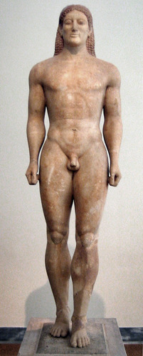 <p>-Archaic Greek -530 BCE -Marble+paint -Kouros means young man -Gravestone marker -Archaic period</p>