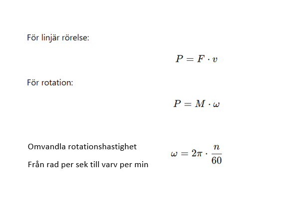 <ul><li><p>Effekt (P) = Beskriver hur snabbt arbetet utförs, alltså hur snabbt energi överförs [Watt (W) = Joule per sekund (J/s)].</p></li><li><p>Vridmoment (M) = Hur starkt något vrids [Newtonmeter (N * m)].</p></li><li><p>Vinkelhastighet  (ω) = Hur snabbt något snurrar [rad/s].&nbsp;</p><ul><li><p>Ibland mäts rotationshastighet inte i radianer per sekund, utan i varv per minut (rpm). Sambandet gäller därför:</p></li><li><p>ω = 2<span>π * n​</span>/60.</p><p></p></li></ul></li></ul><p></p>
